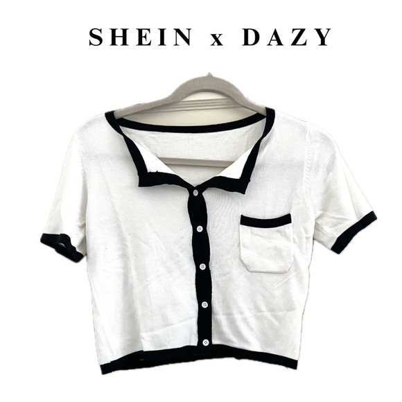 dazy • white & black short sleeve button-up cropped top with front pocket - Picture 4 of 14